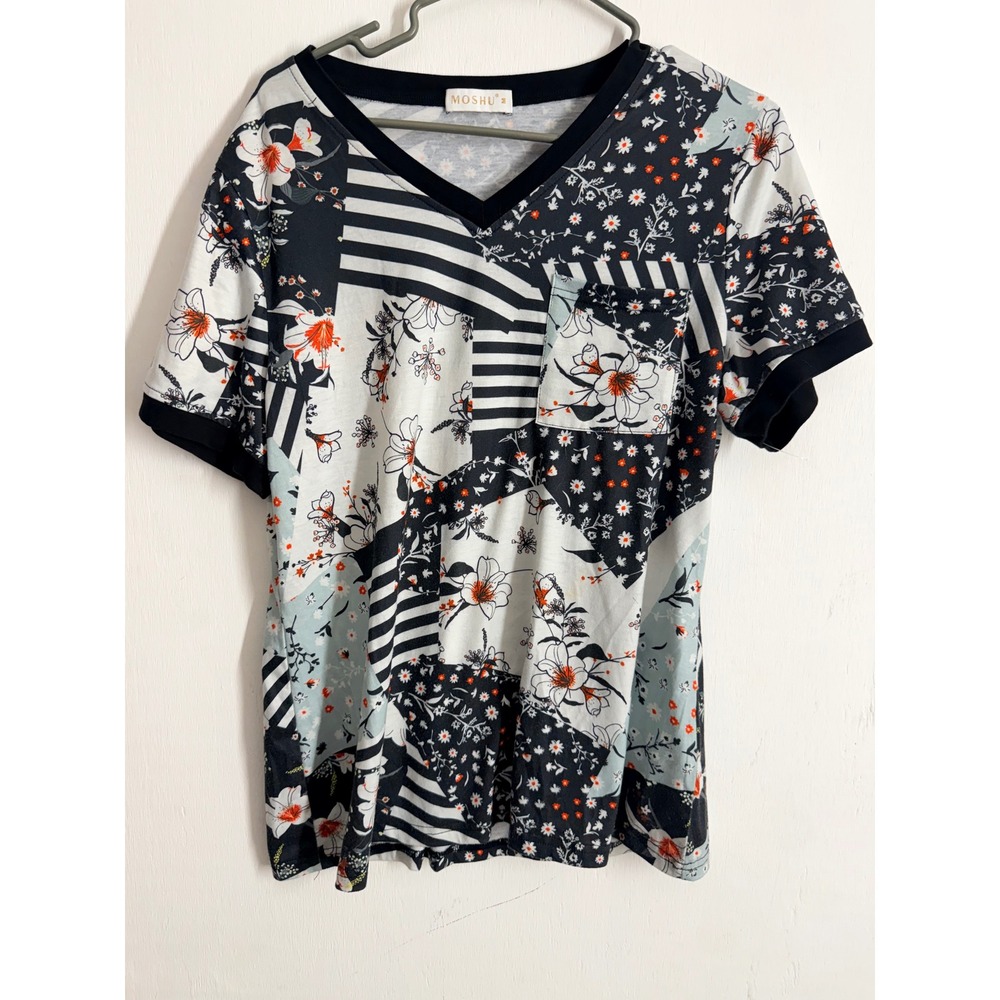 Moshu Womens V-Neck Patchwork Floral Stripe Short Sleeve Pocket Tee Shirt Size M